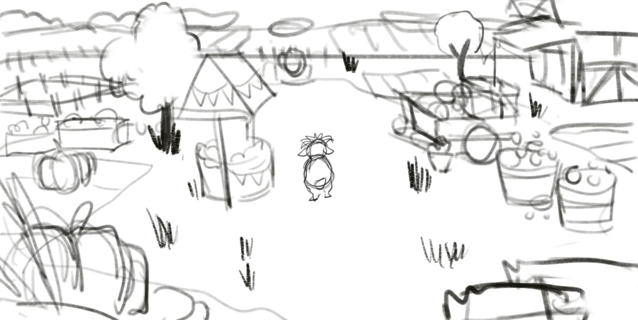 First rough pencil sketch of the farm scene