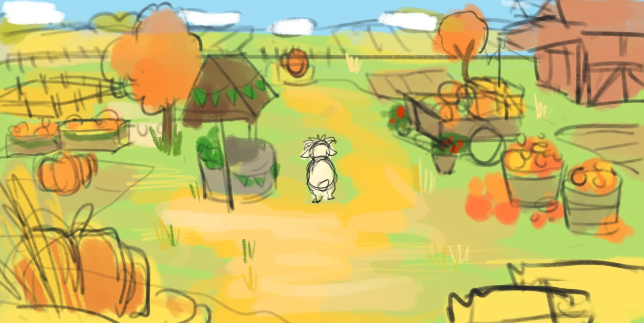 Detailed pencil sketch of the farm scene