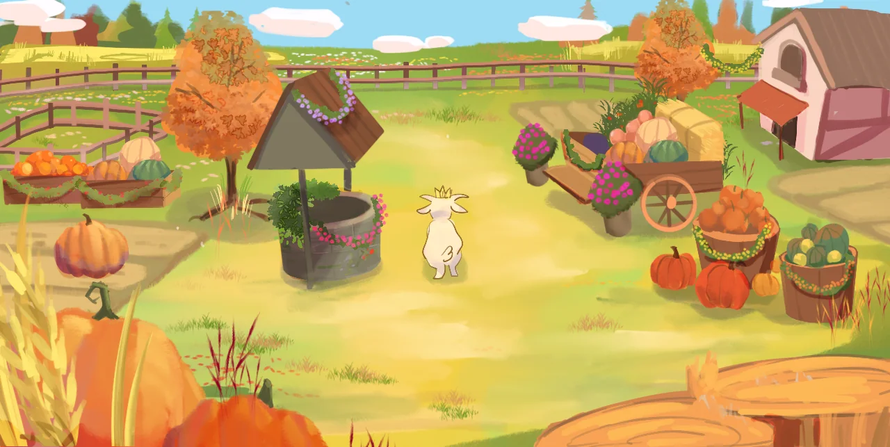 Hand-painted farm scene from The Goat Named Prometheus: the crowned goat by the wishing well